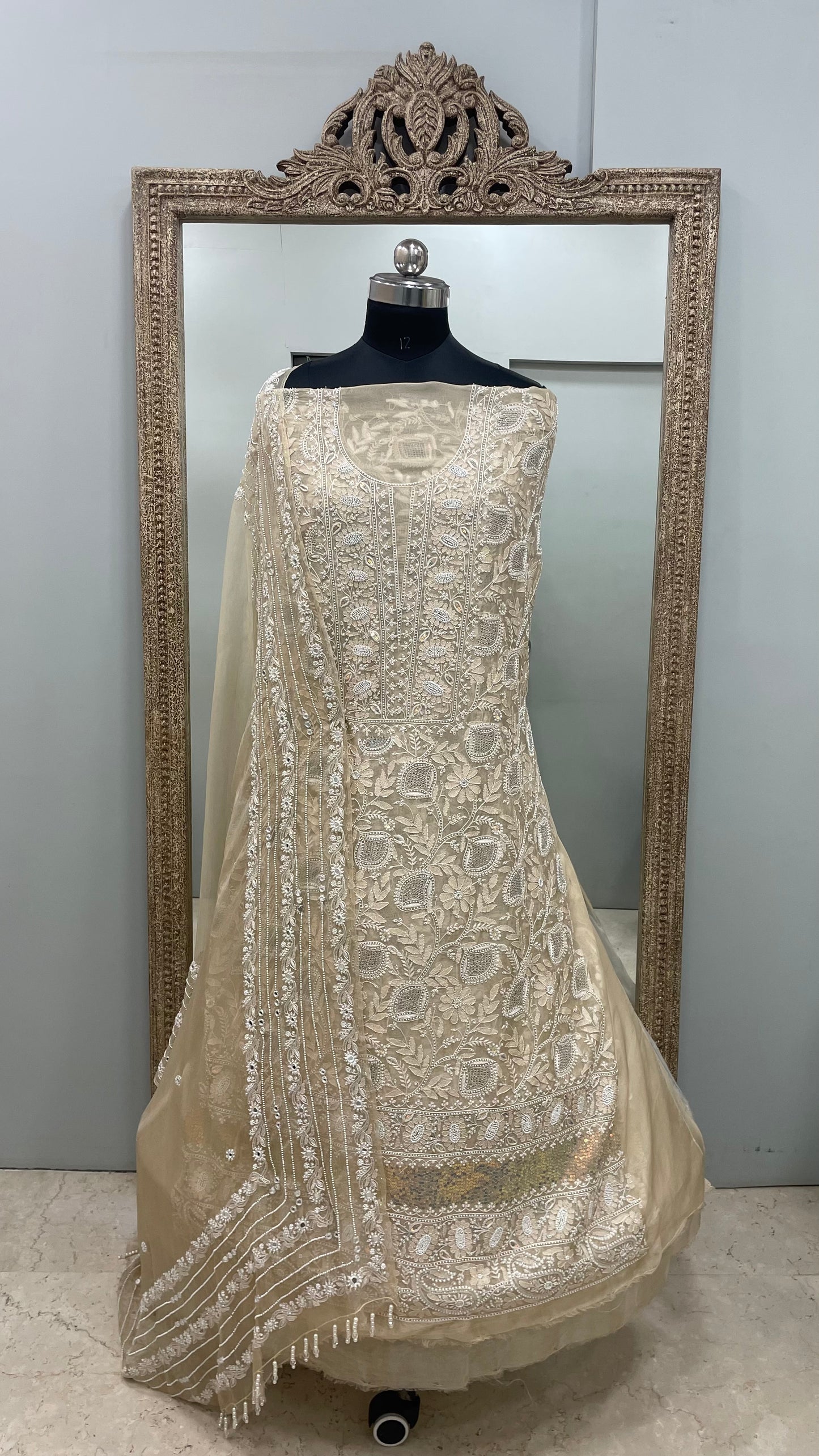 Pure Organza Straight Front and Back Same Heavy Pearl and Sequence Work Beige
