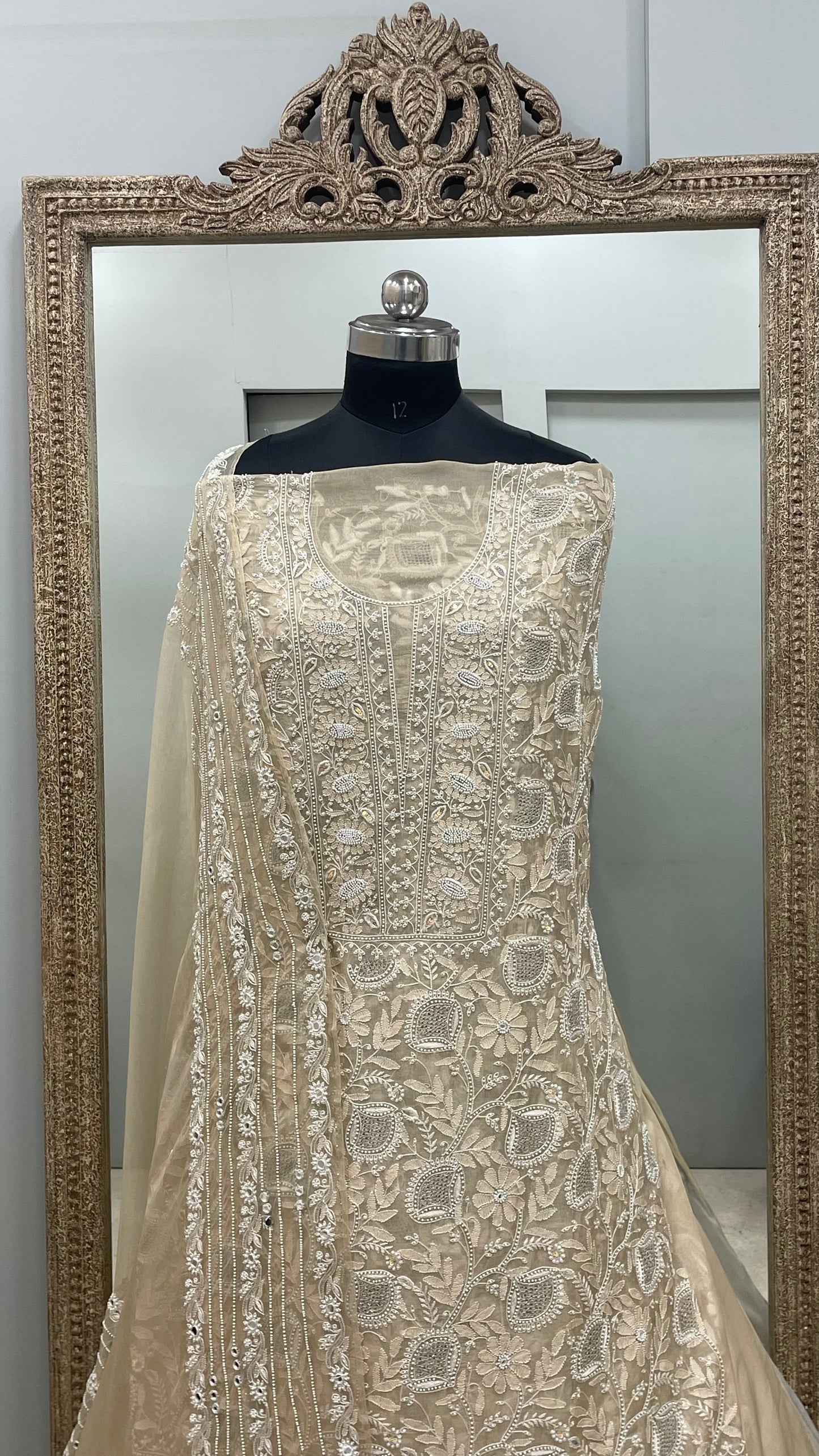 Pure Organza Straight Front and Back Same Heavy Pearl and Sequence Work Beige