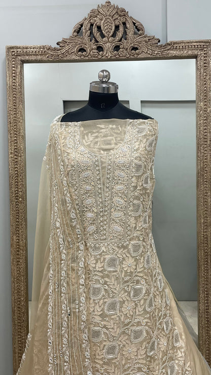 Pure Organza Straight Front and Back Same Heavy Pearl and Sequence Work Beige
