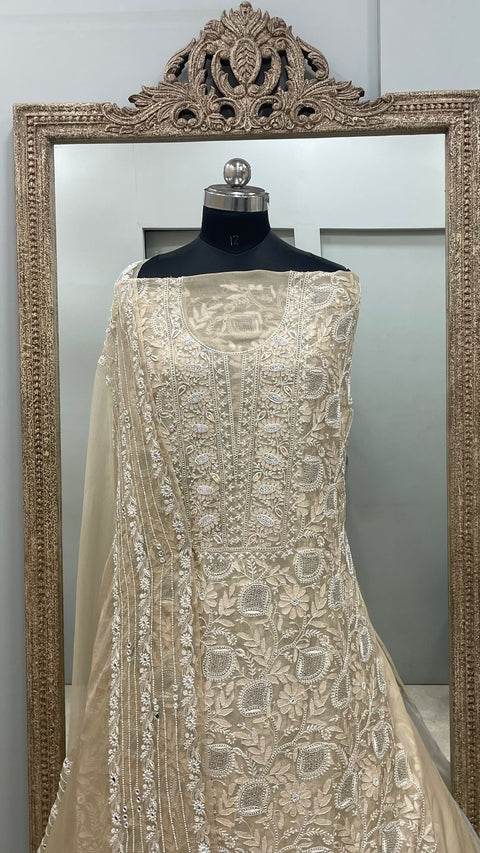 Pure Organza Straight Front and Back Same Heavy Pearl and Sequence Work Beige