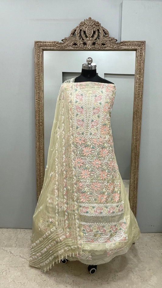 Pure Organza Straight Front and Back Same Heavy Pearl and Sequence Work Lemon Yellow