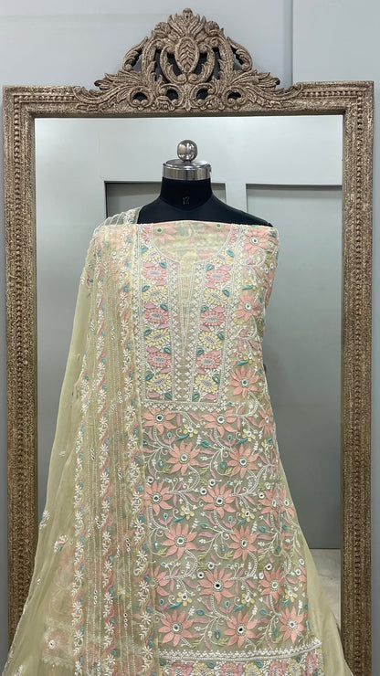 Pure Organza Straight Front and Back Same Heavy Pearl and Sequence Work Lemon Yellow
