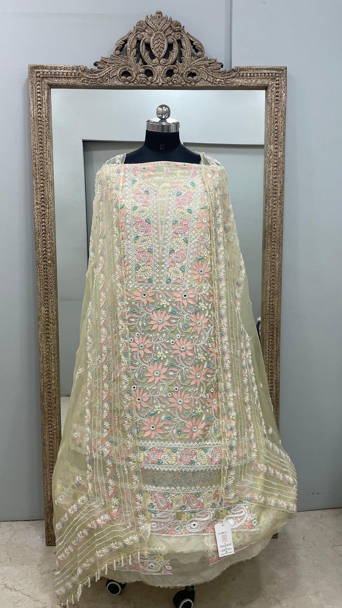 Pure Organza Straight Front and Back Same Heavy Pearl and Sequence Work Lemon Yellow