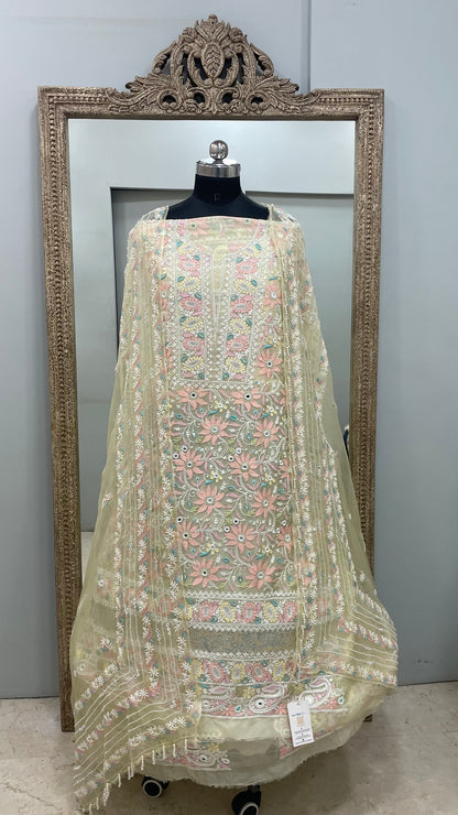 Pure Organza Straight Front and Back Same Heavy Pearl and Sequence Work Lemon Yellow