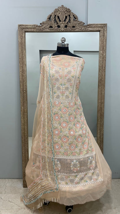 Pure Georgette Straight Front and Back Same Heavy Pearl and Sequence,Parsi Work Peach