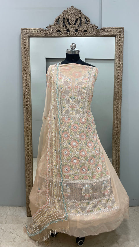 Pure Georgette Straight Front and Back Same Heavy Pearl and Sequence,Parsi Work Peach