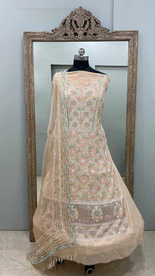 Pure Georgette Straight Front and Back Same Heavy Pearl and Sequence,Parsi Work Peach