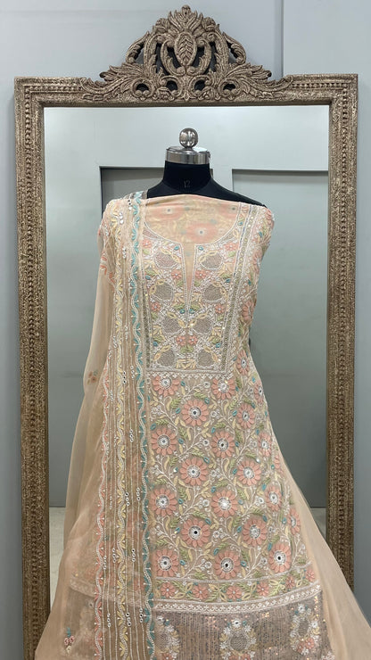 Pure Georgette Straight Front and Back Same Heavy Pearl and Sequence,Parsi Work Peach