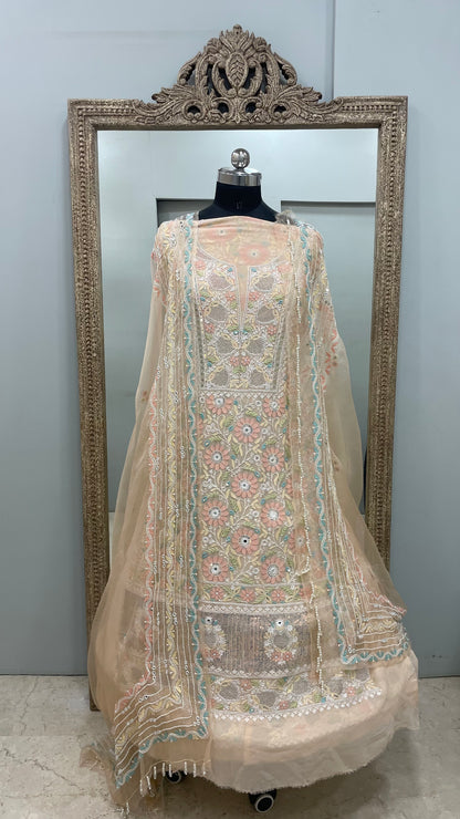 Pure Georgette Straight Front and Back Same Heavy Pearl and Sequence,Parsi Work Peach