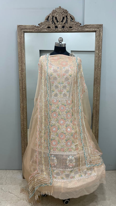 Pure Georgette Straight Front and Back Same Heavy Pearl and Sequence,Parsi Work Peach
