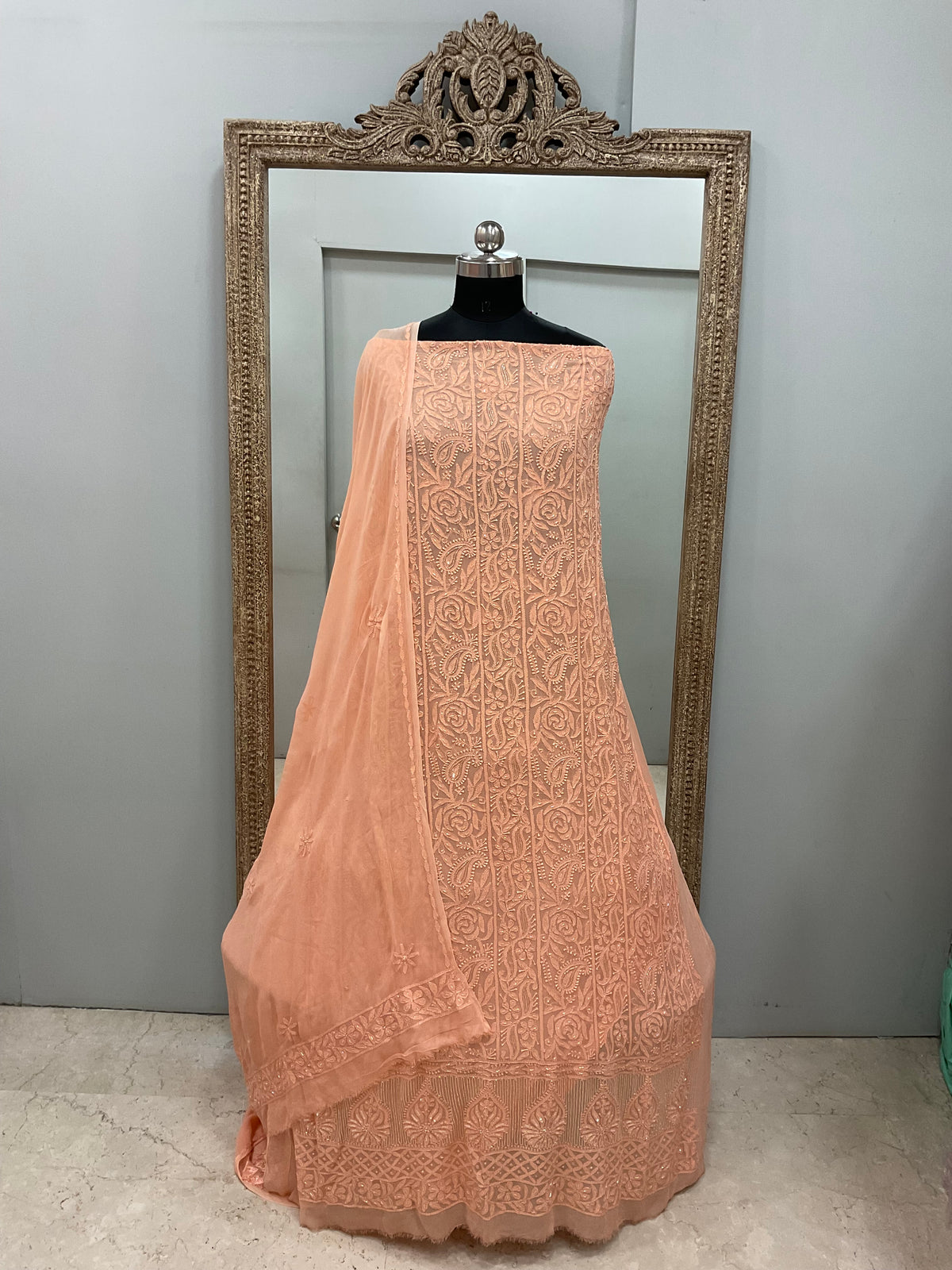 Cutdana Straight with Heavy Pearl Work Peach