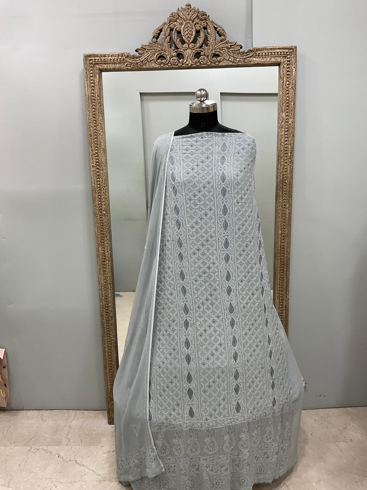Cutdana Straight with Heavy Pearl Work Gray
