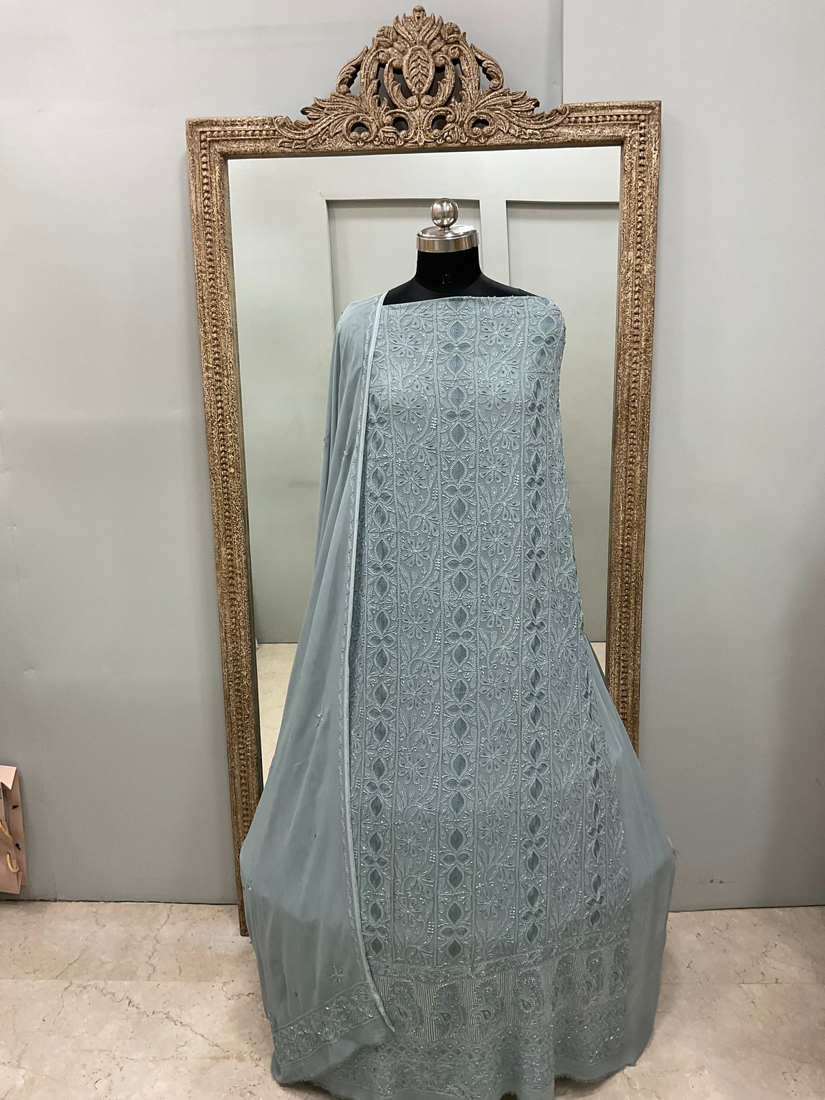 Cutdana Straight with Heavy Pearl Work Dark Gray