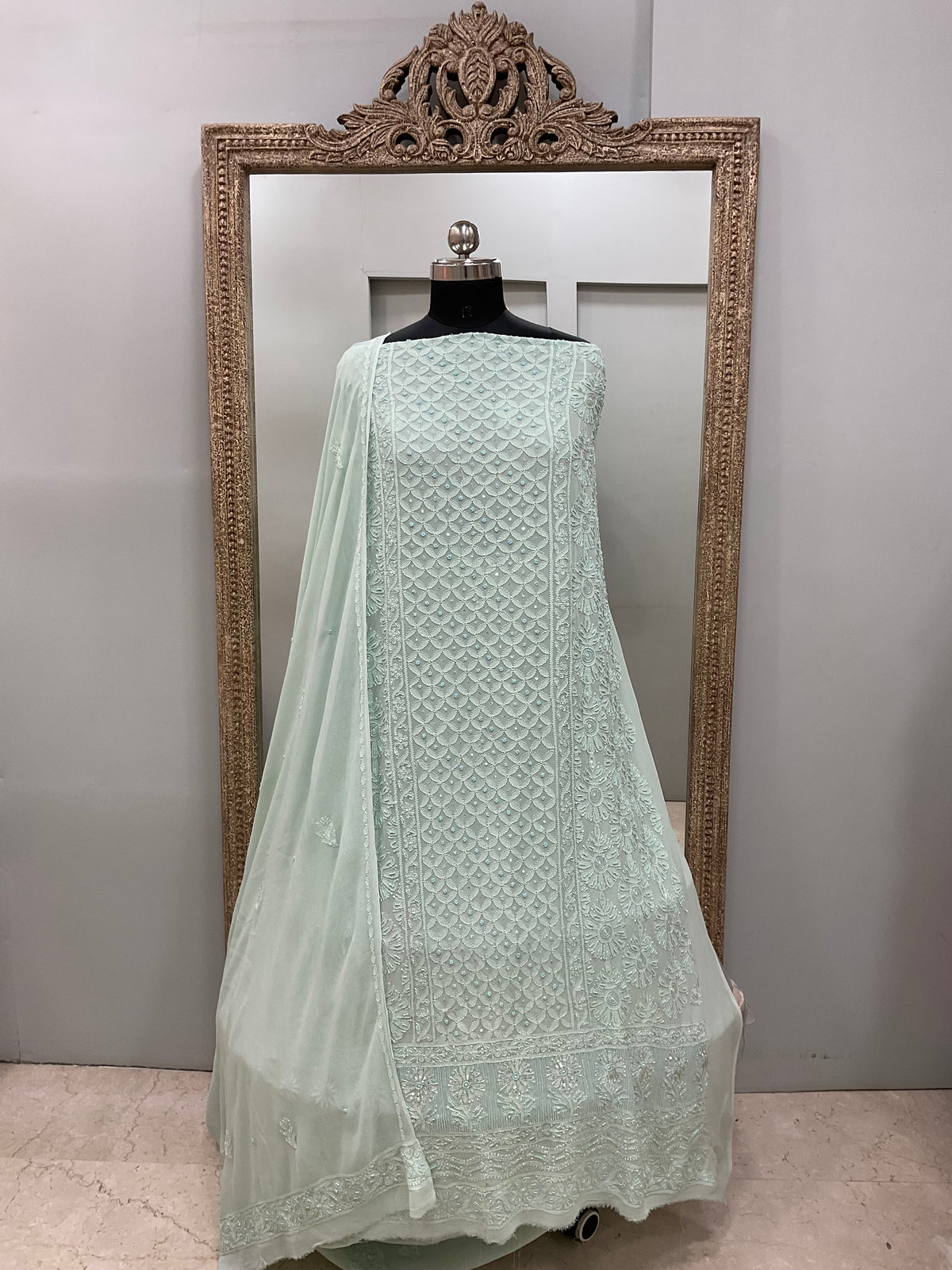 Cutdana Straight with Heavy Pearl Work Ligth Green