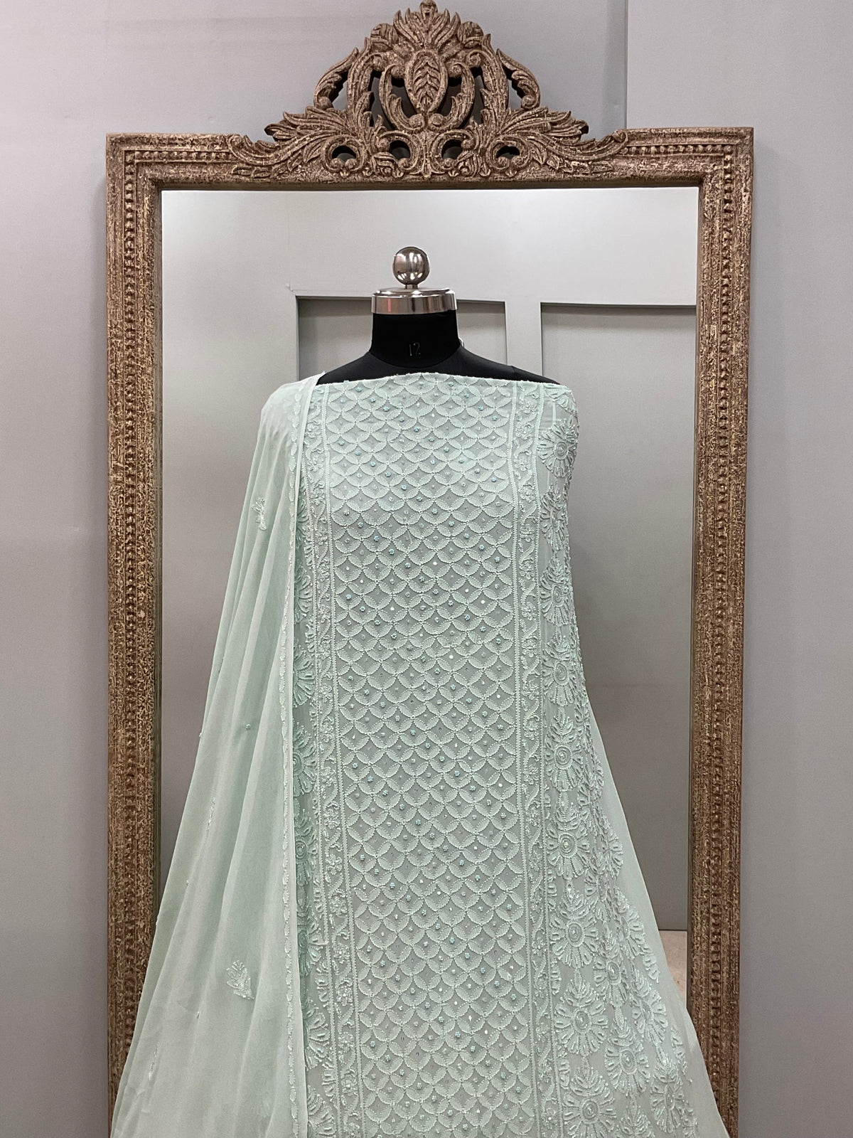 Cutdana Straight with Heavy Pearl Work Ligth Green