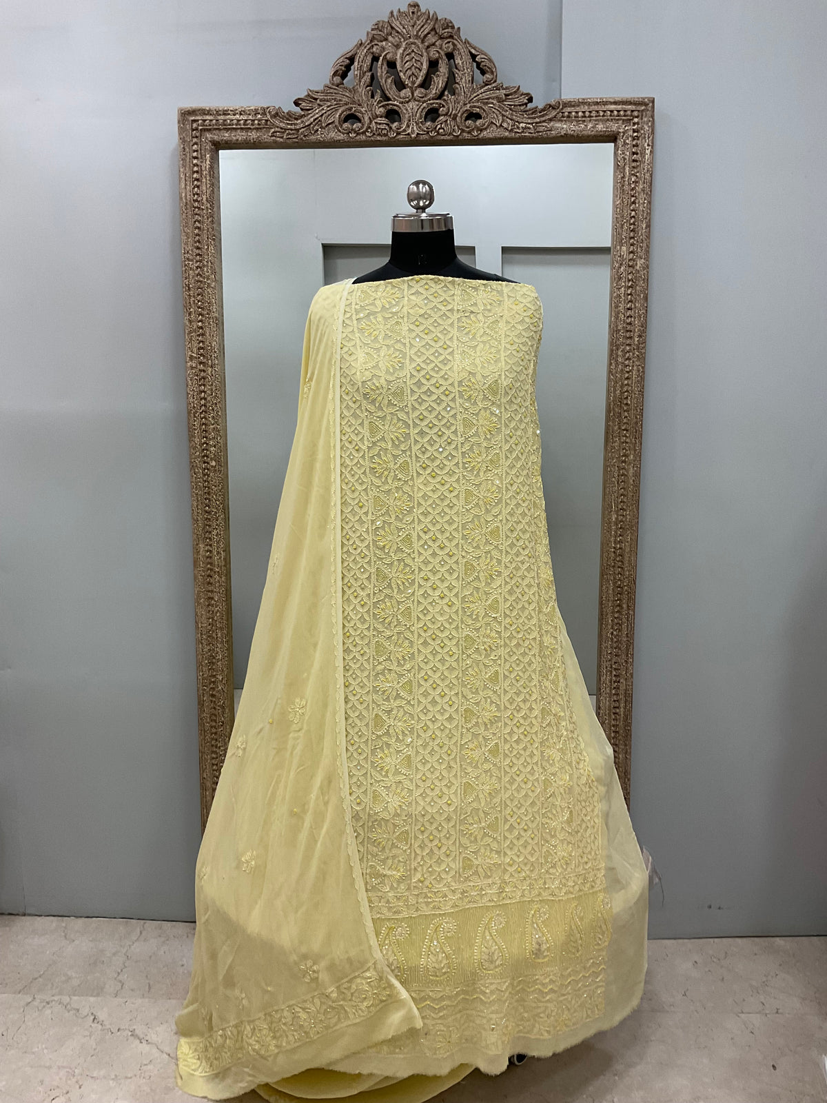 Cutdana Straight with Heavy Pearl Work Lemon Yellow