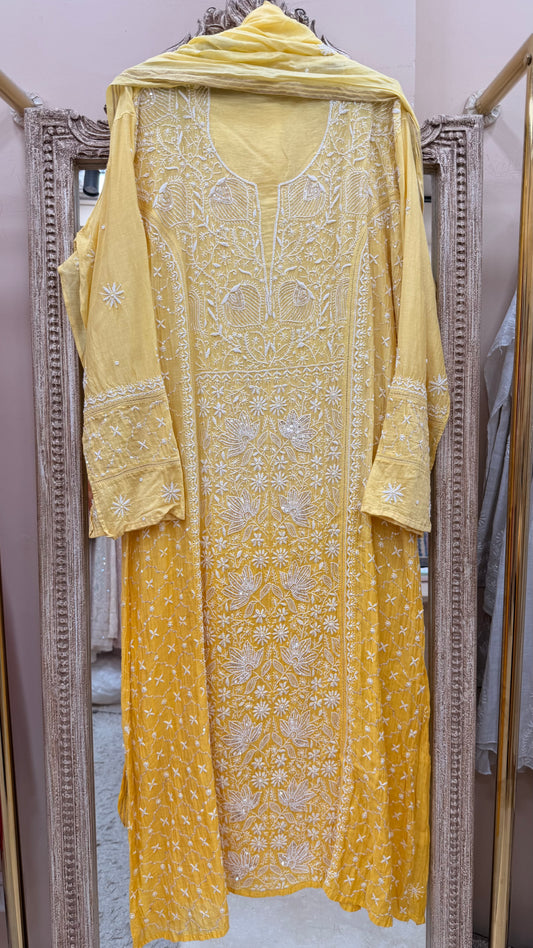 Pure Mulmul Cotton Semistiched Kurta Pearl And Addon Work With Dupatta Yellow