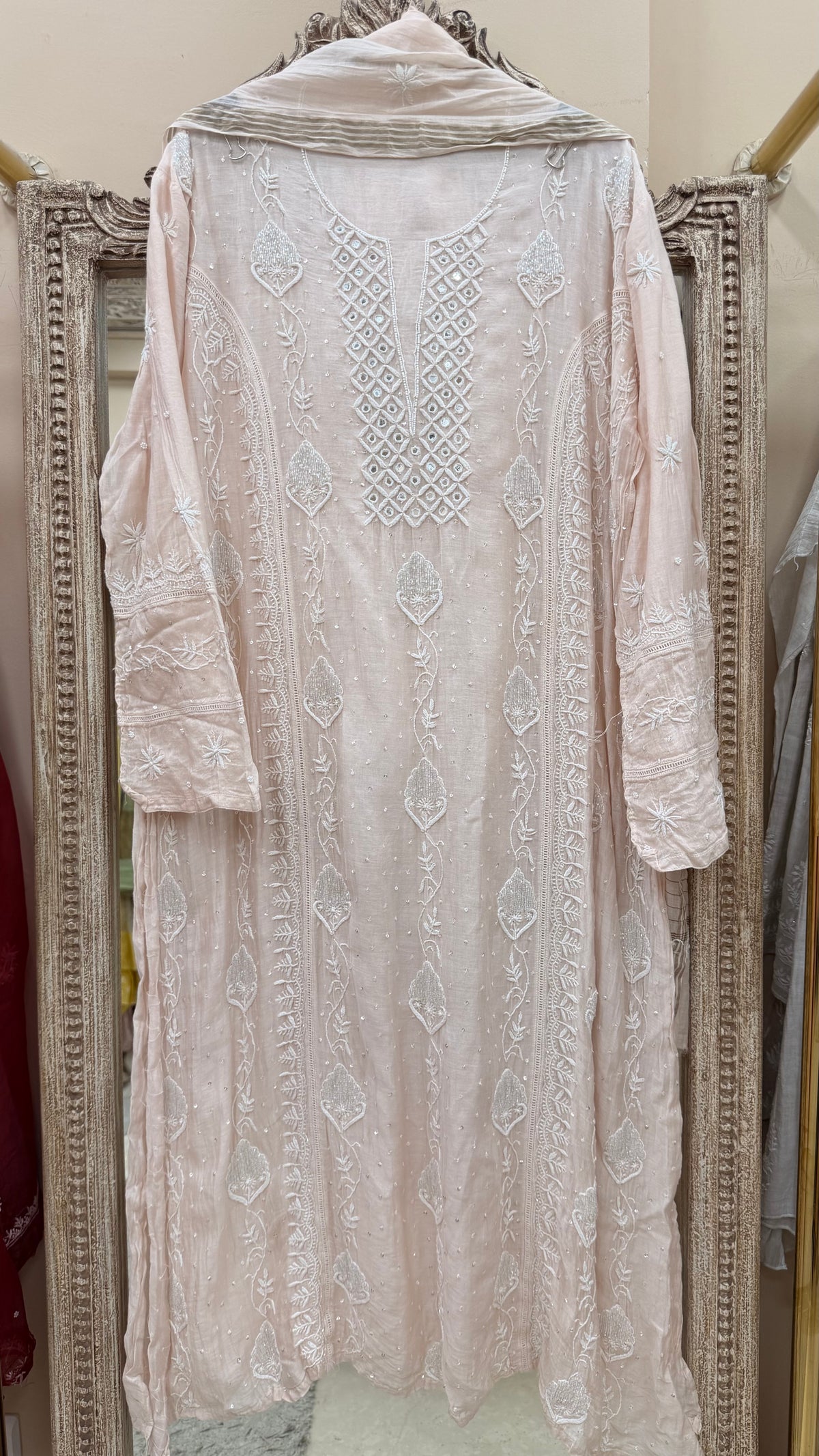 Pure Mulmul Cotton Semistiched Kurta Pearl And Addon Work With Dupatta Peach