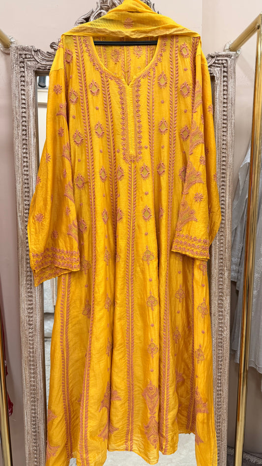 Pure Mul Anarkali Heavy Chikan Work With Dupatta Yellow