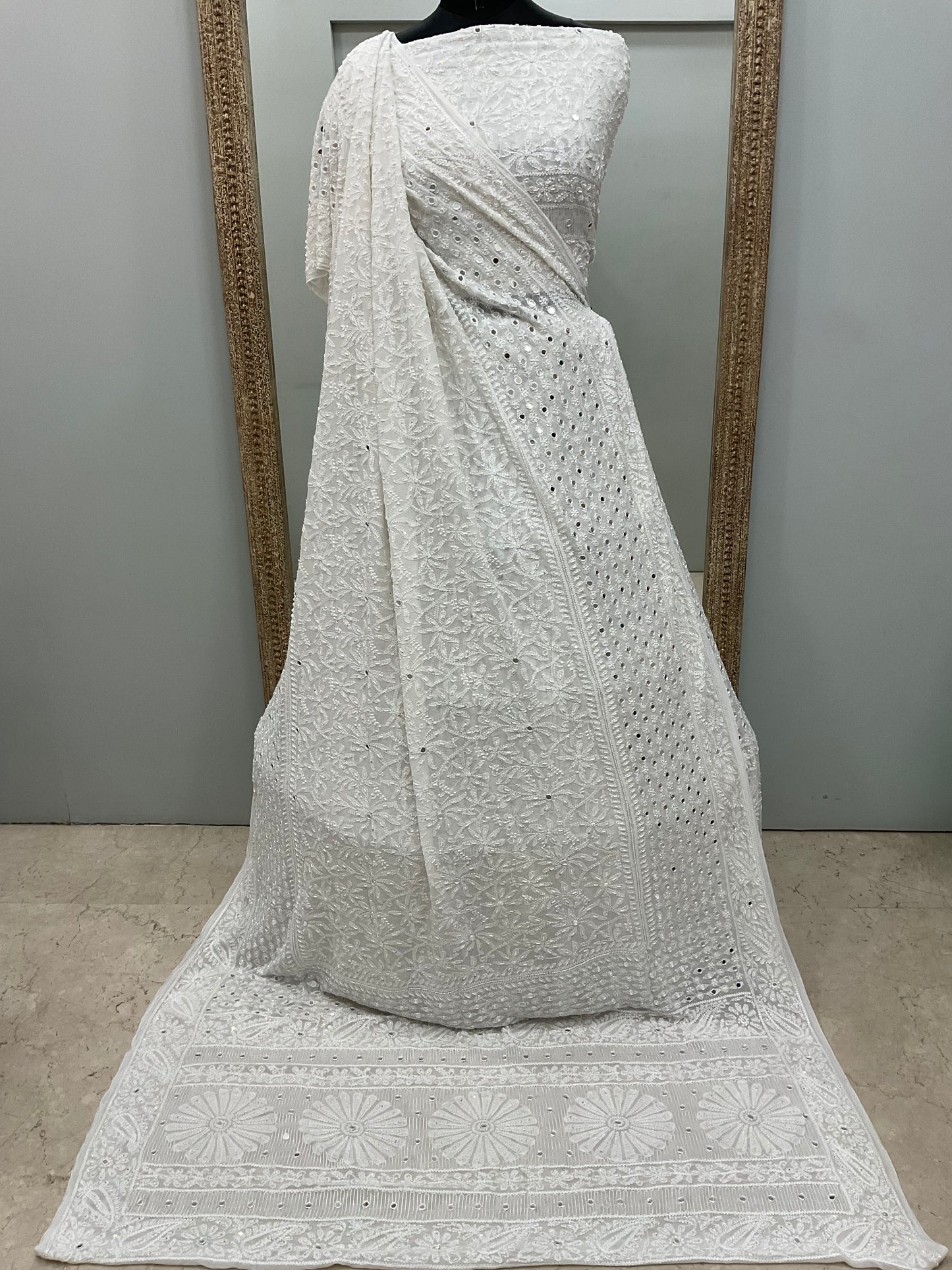 Georgette Lehenga Heavy Pearl and Sequence,Mirror Work White 01