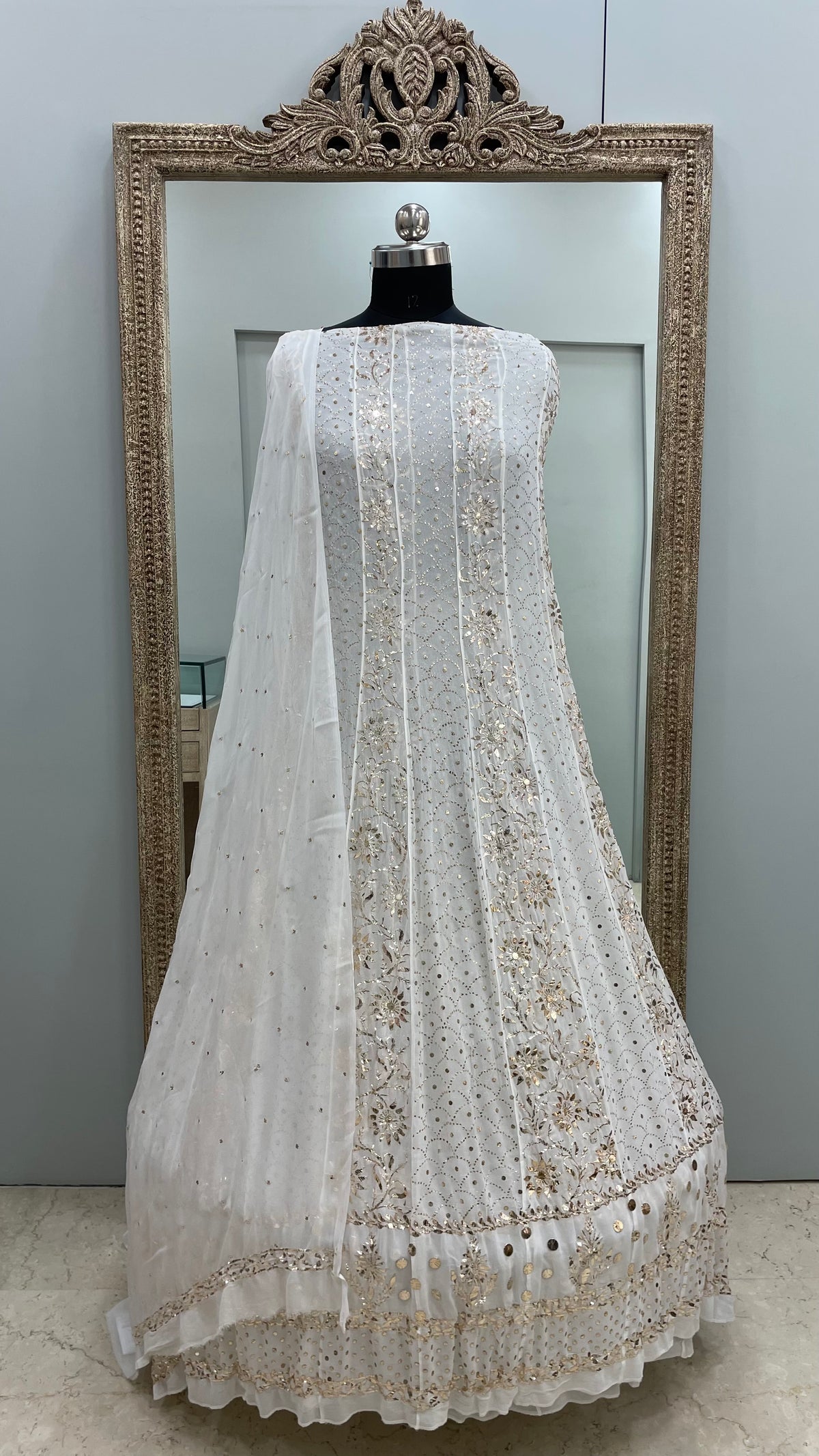 Pure Georgette Badla Mukaish Anarkali and Dupatta Off White