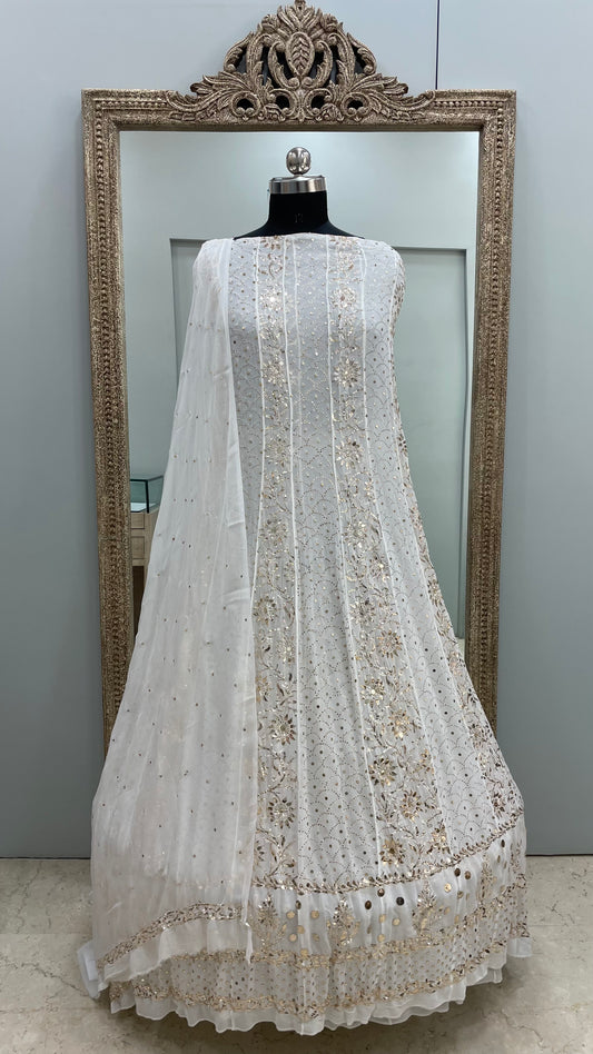 Pure Georgette Badla Mukaish Anarkali and Dupatta Off White