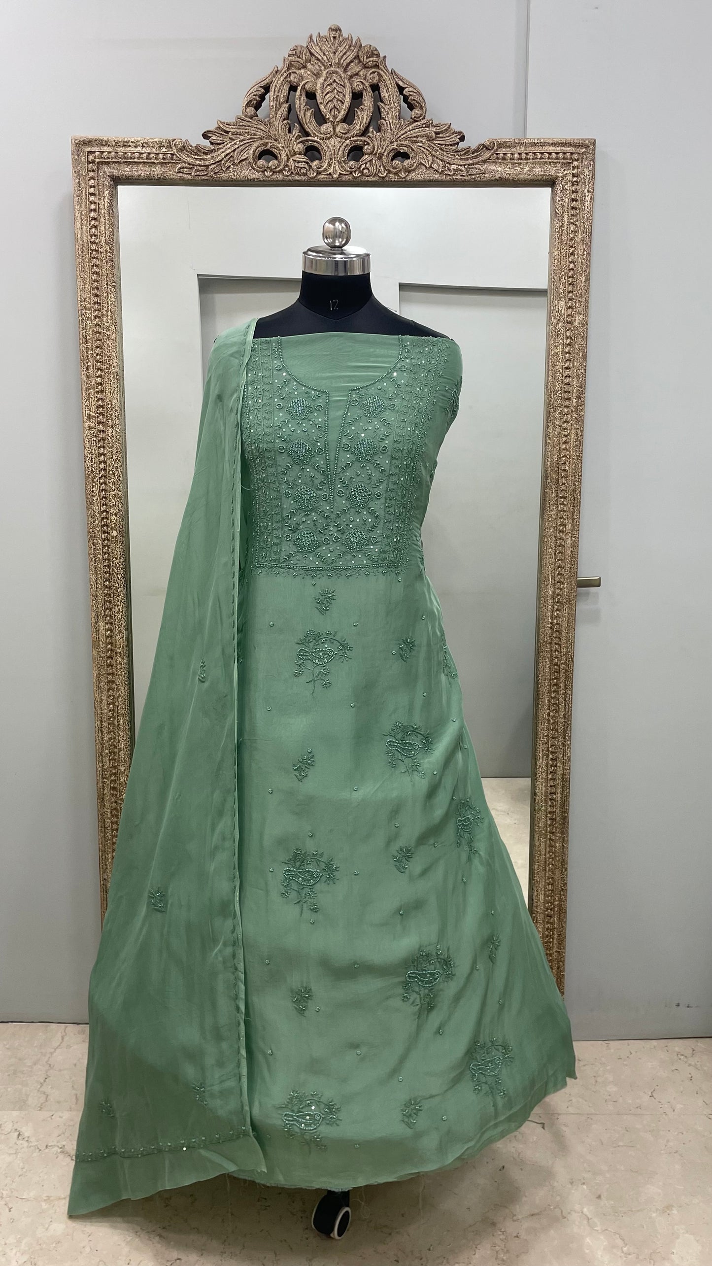 Semi Organza Straight Pearl And Work With Dupatta Green