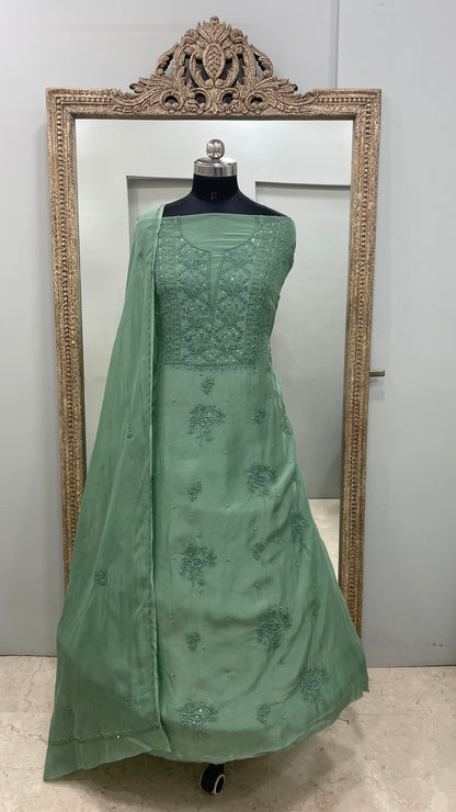Semi Organza Straight Pearl And Work With Dupatta Green