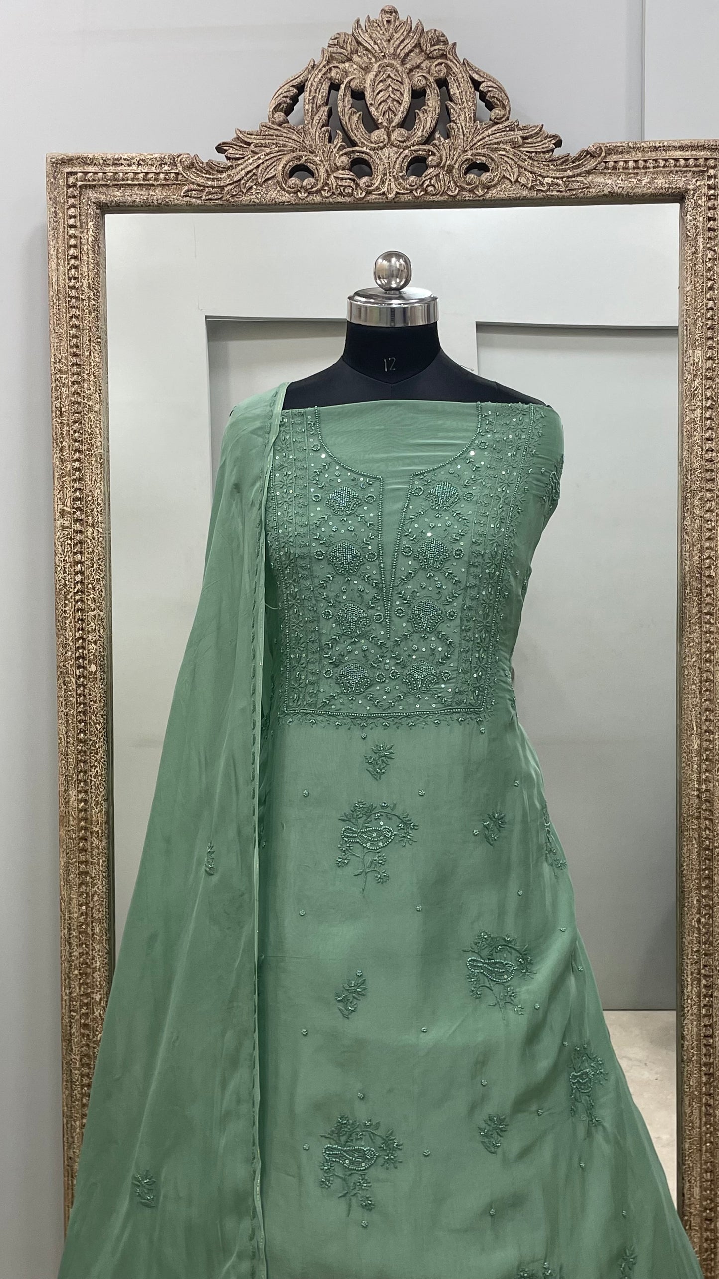 Semi Organza Straight Pearl And Work With Dupatta Green