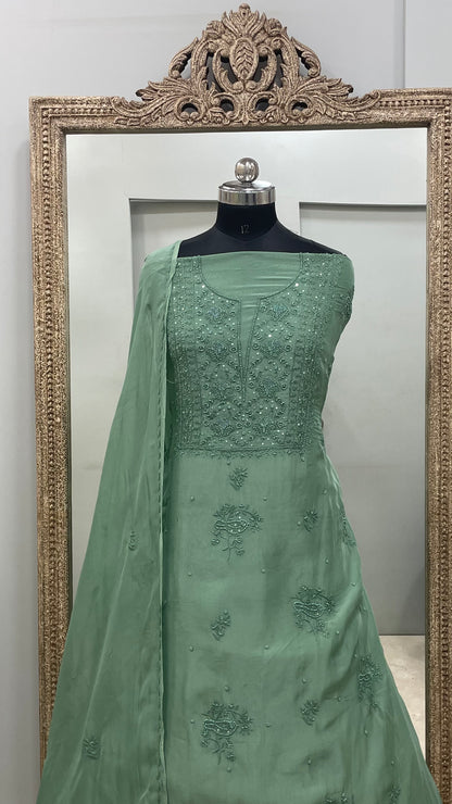 Semi Organza Straight Pearl And Work With Dupatta Green