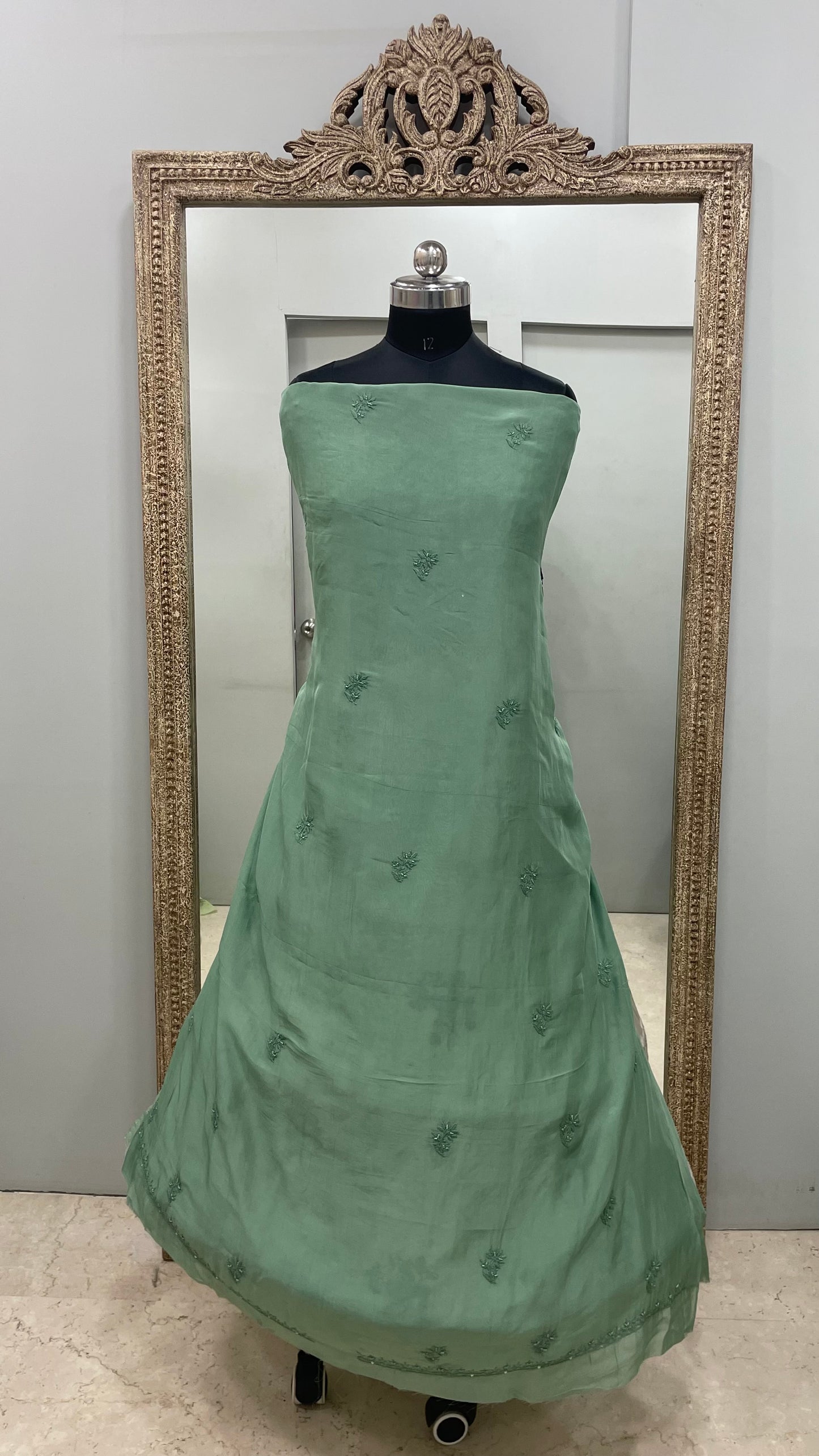 Semi Organza Straight Pearl And Work With Dupatta Green