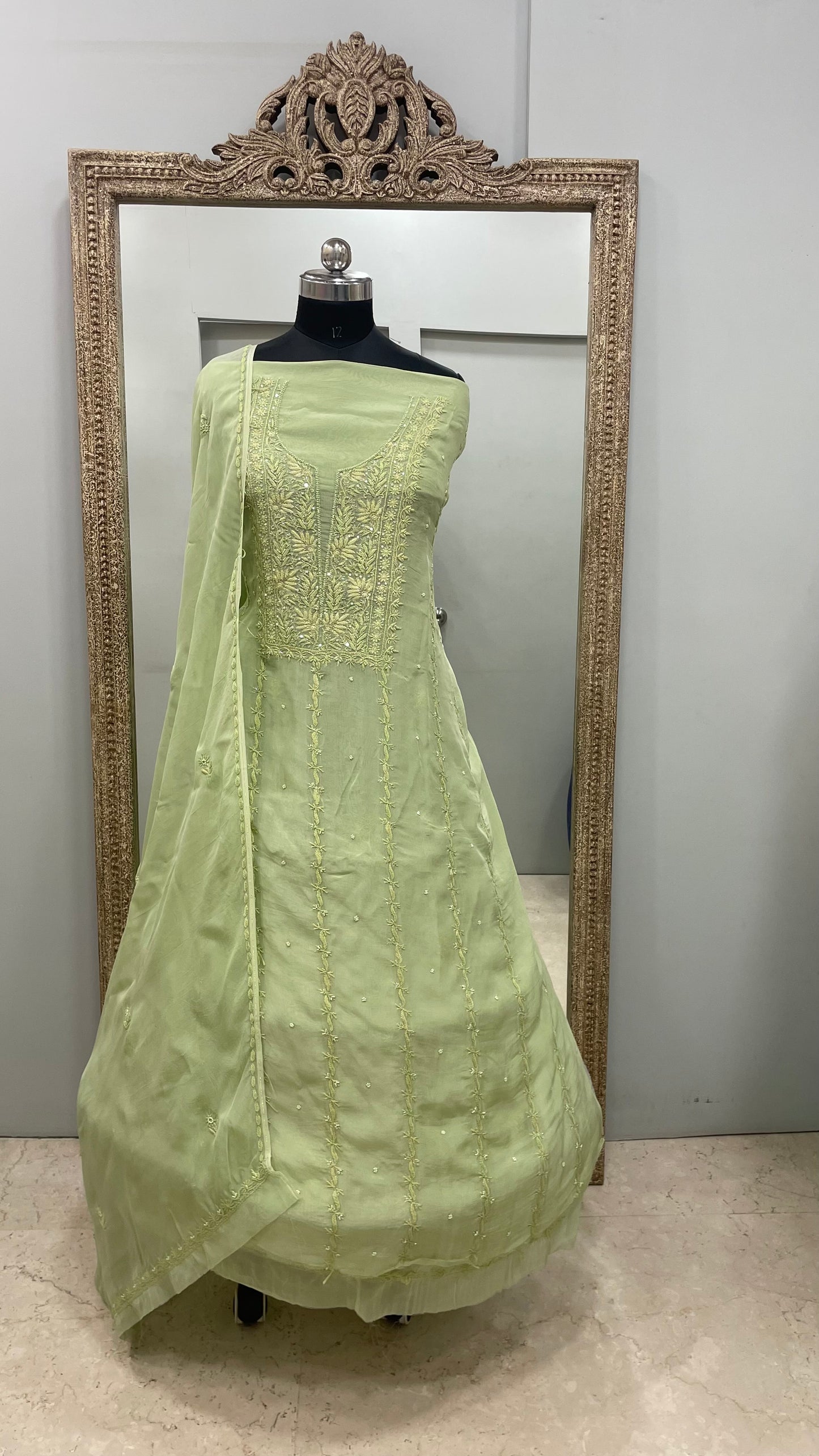 Semi Organza Straight Pearl And Work With Dupatta Green