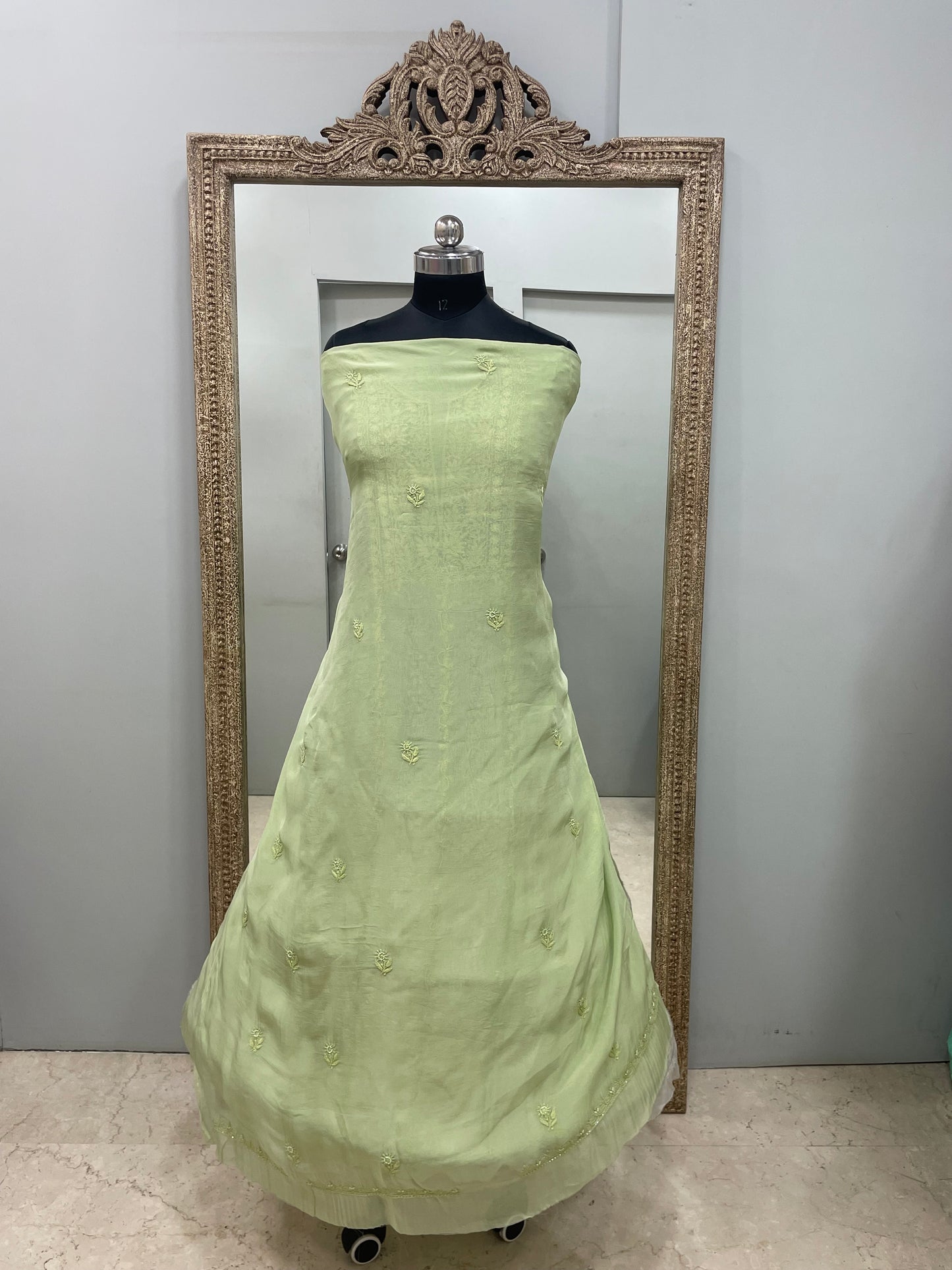 Semi Organza Straight Pearl And Work With Dupatta Green