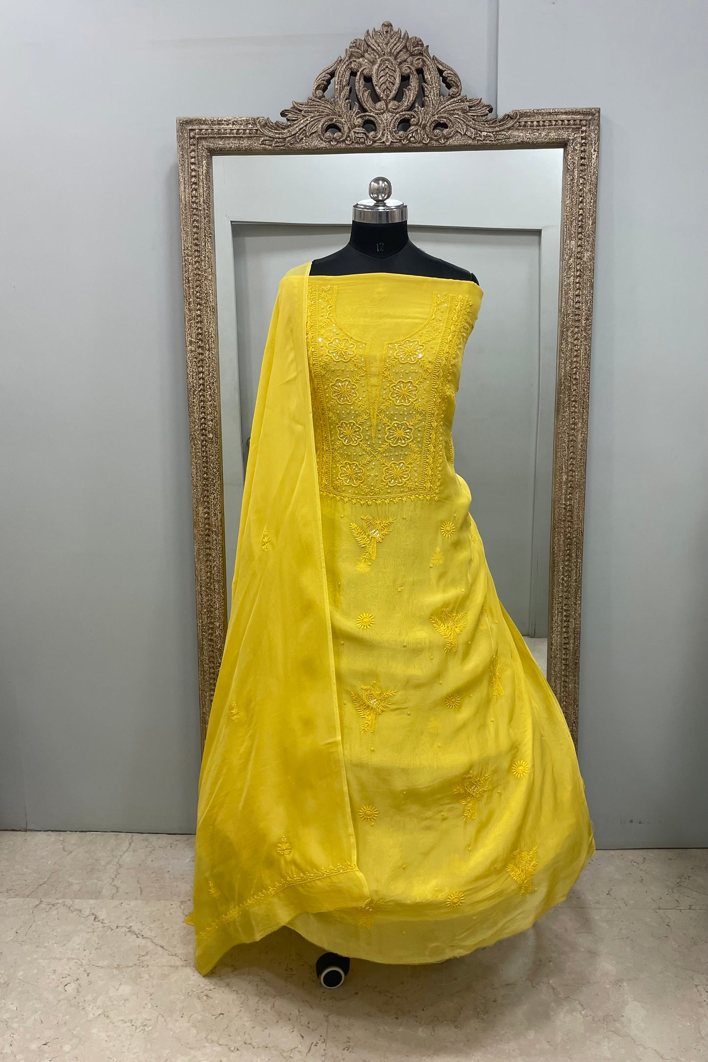Semi Organza Straight Pearl And Work With Dupatta  Yellow