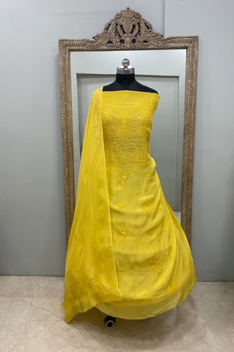 Semi Organza Straight Pearl And Work With Dupatta  Yellow