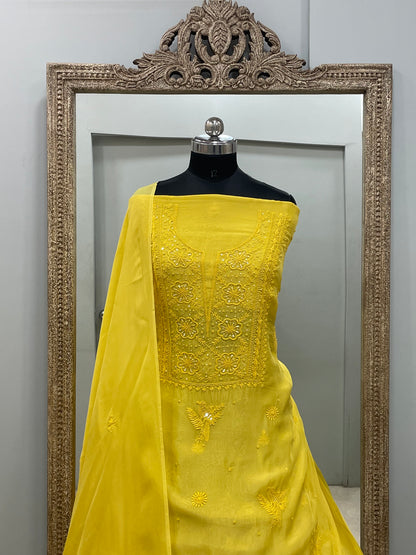Semi Organza Straight Pearl And Work With Dupatta  Yellow