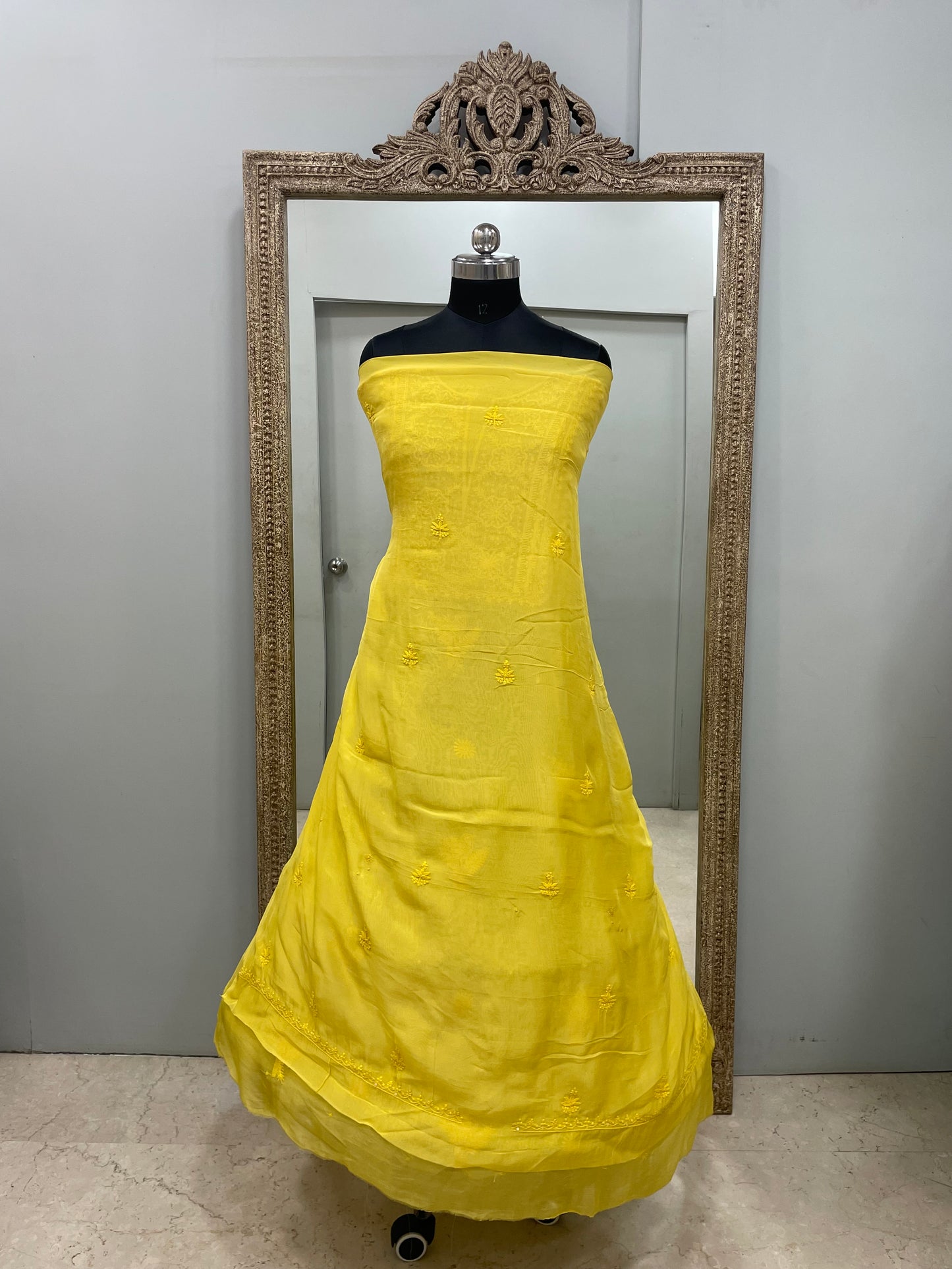 Semi Organza Straight Pearl And Work With Dupatta  Yellow