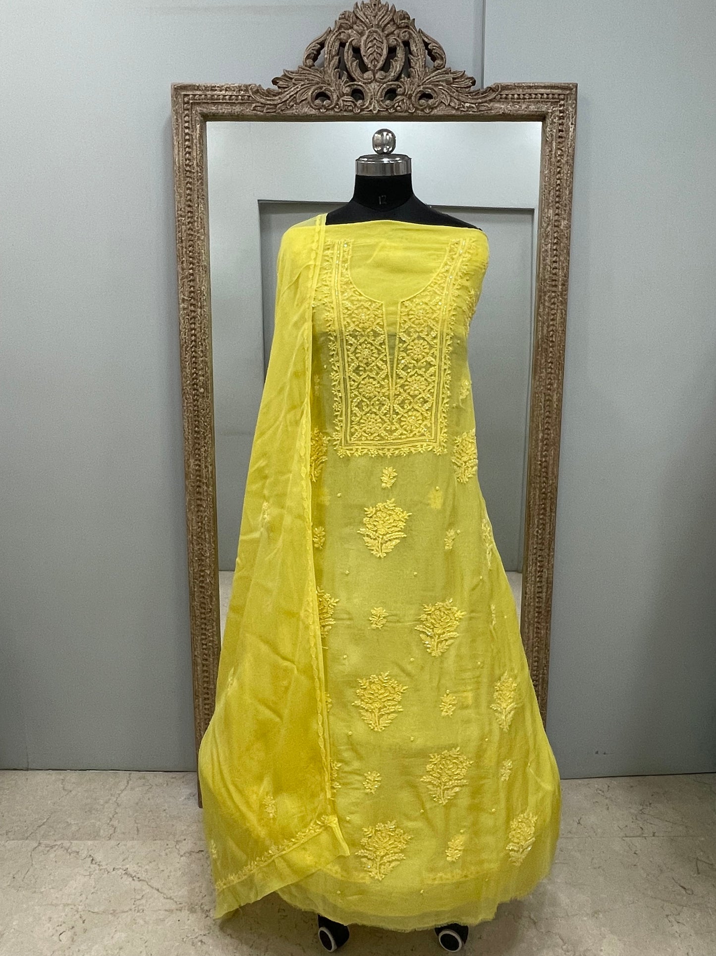 Semi Organza Straight Pearl And Work With Dupatta Yellow
