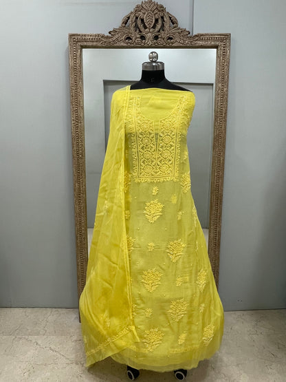 Semi Organza Straight Pearl And Work With Dupatta Yellow
