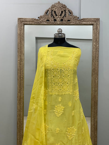 Semi Organza Straight Pearl And Work With Dupatta Yellow