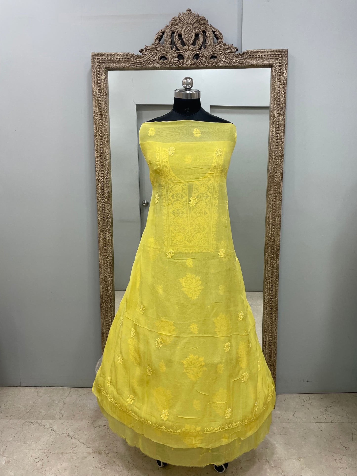 Semi Organza Straight Pearl And Work With Dupatta Yellow