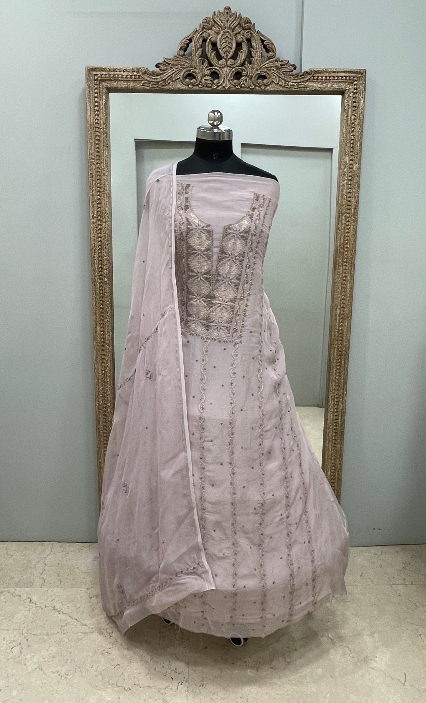 Semi Organza Straight Pearl And Work With Dupatta Lilac