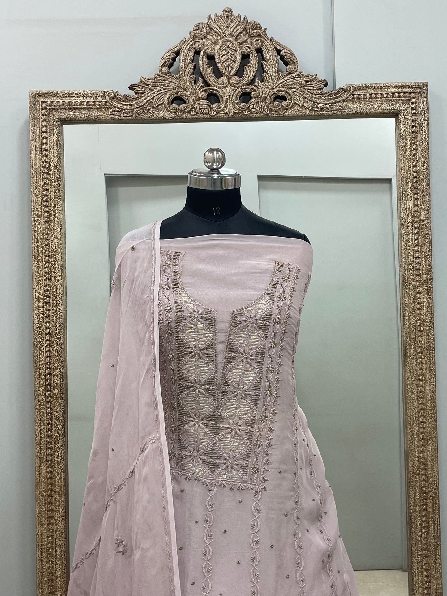 Semi Organza Straight Pearl And Work With Dupatta Lilac