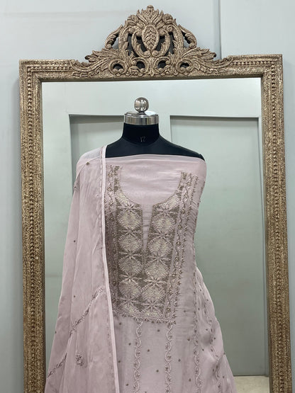 Semi Organza Straight Pearl And Work With Dupatta Lilac