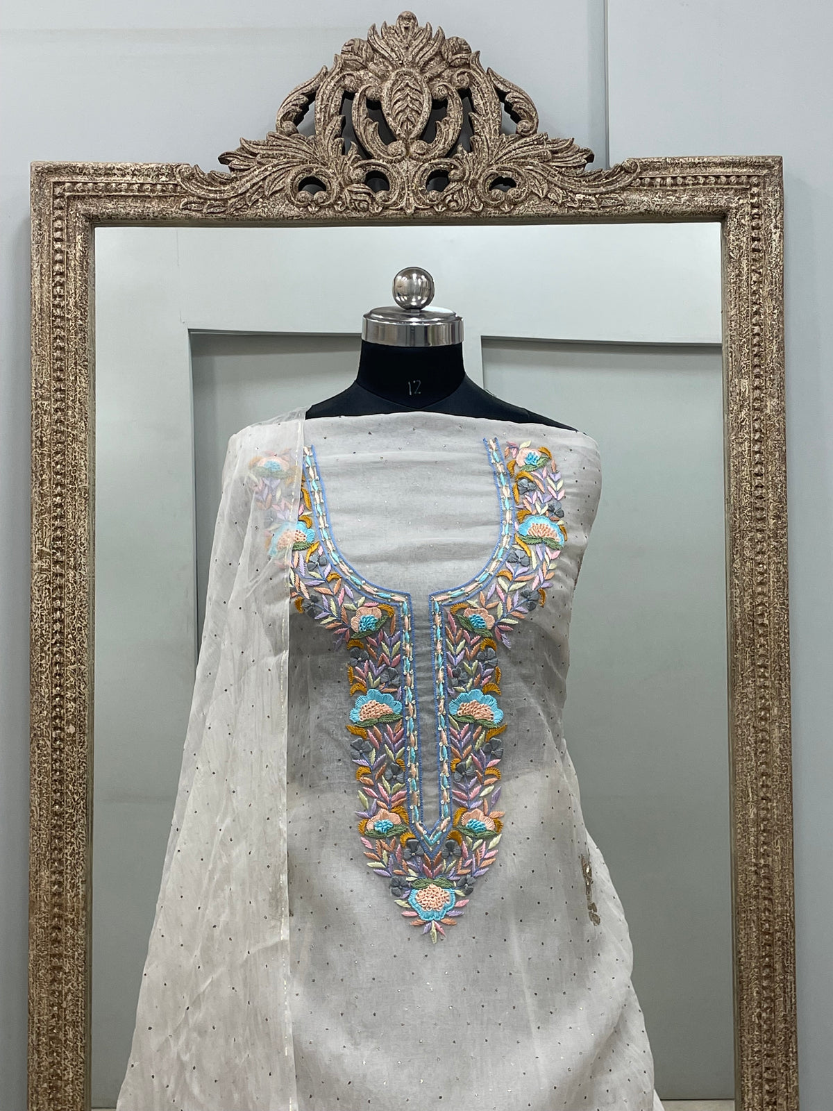 Pure Organza Straight With Heavy Mukaish And Parsi Work Off White 01