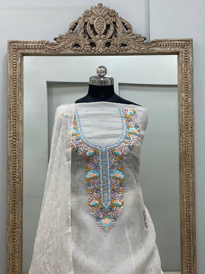 Pure Organza Straight With Heavy Mukaish And Parsi Work Off White 01