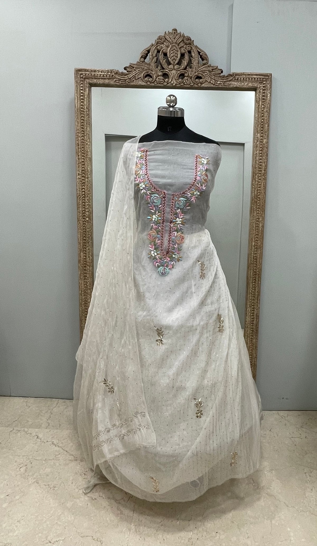 Pure Organza Straight With Heavy Mukaish And Parsi Work Off White 02