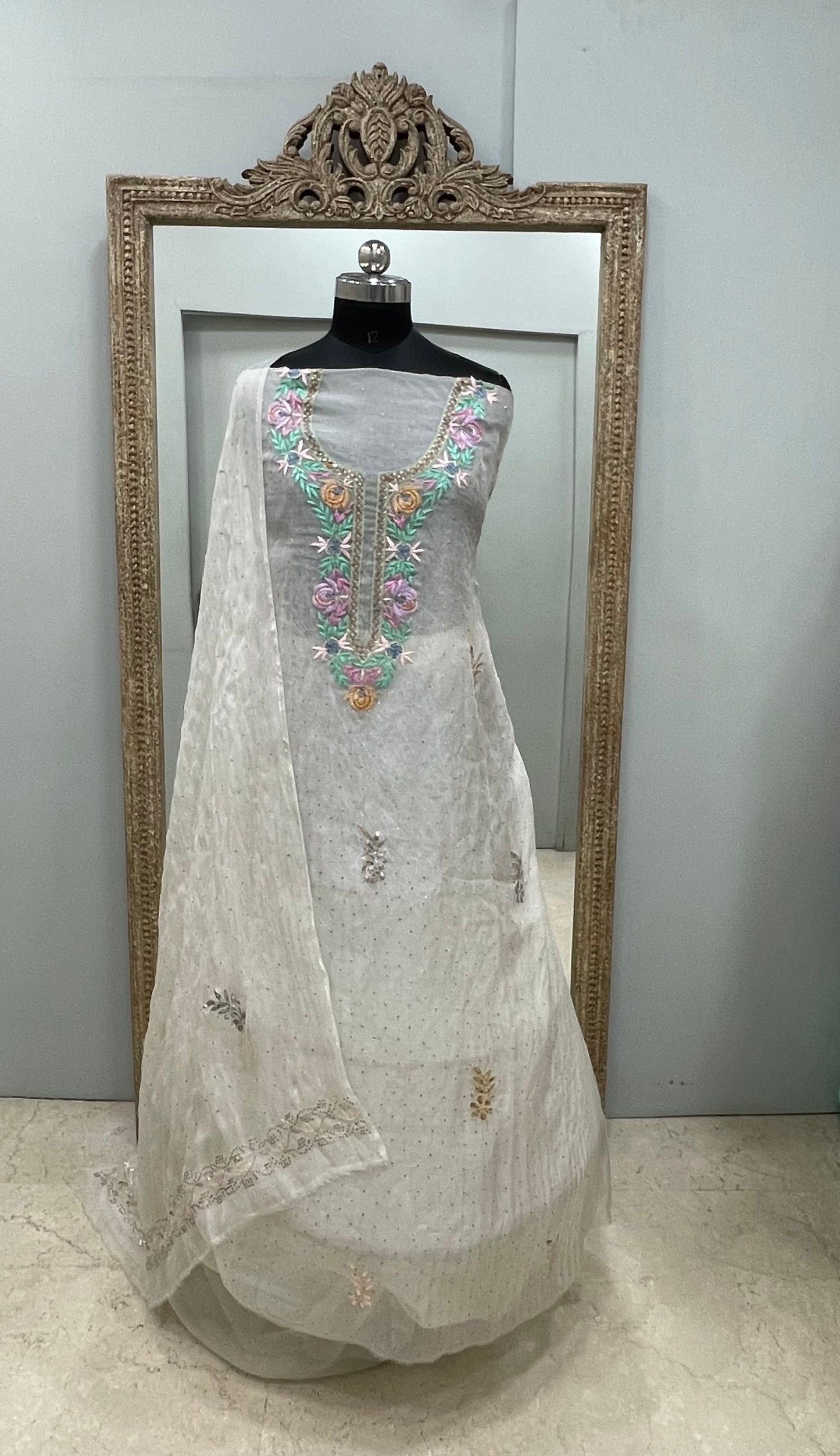 Pure Organza Straight With Heavy Mukaish And Parsi Work Off White 03