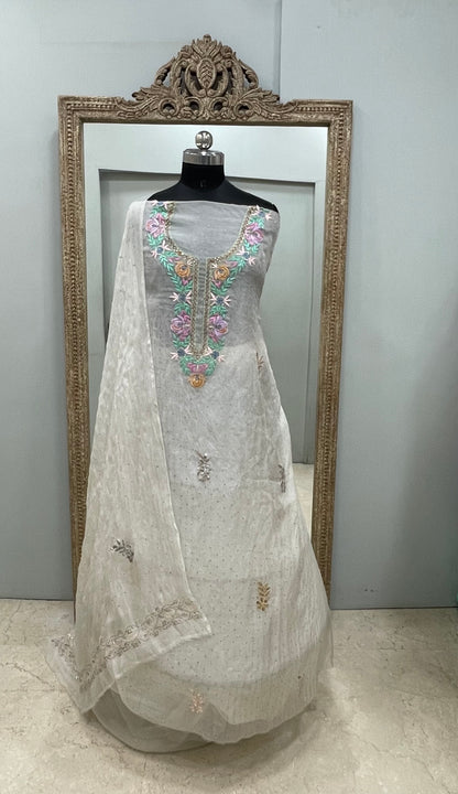 Pure Organza Straight With Heavy Mukaish And Parsi Work Off White 03