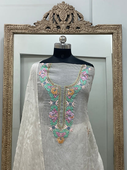 Pure Organza Straight With Heavy Mukaish And Parsi Work Off White 03